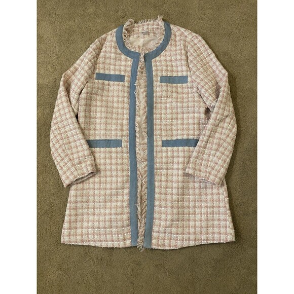 VENUS Jackets & Blazers - Venus Pink & Pastel Blue Tweed Fringe Open Front Longline Jacket Size 14